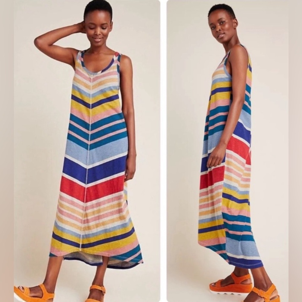 NWOT Anthropologie Saturday Sunday Retro Rainbow Chevron Lounge Midi Dress - Picture 2 of 8